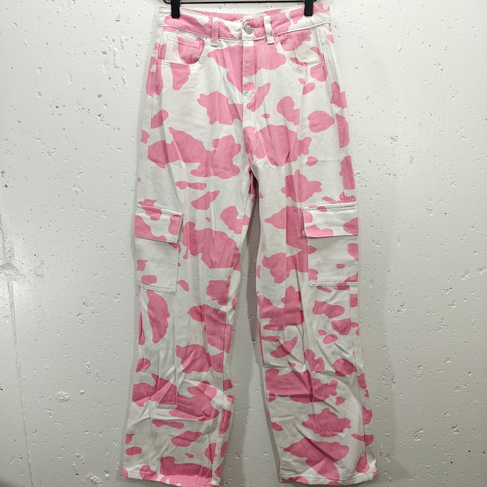 American Bazi Jeans Womens Small Pink Cow Print Wide Leg Denim Cargo‎
